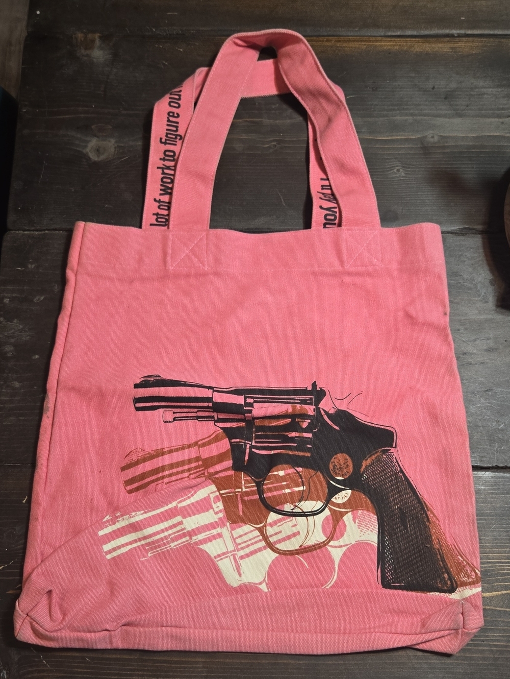 Pink Andy Warhol Canvas Tote Bag with Revolver Print